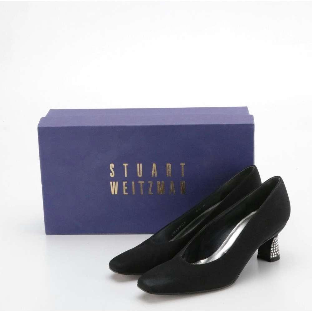 Stuart Weitzman Black Silk Passion Square Toe Pumps‎ Rhinestone Heel Sz 5.5M EUC